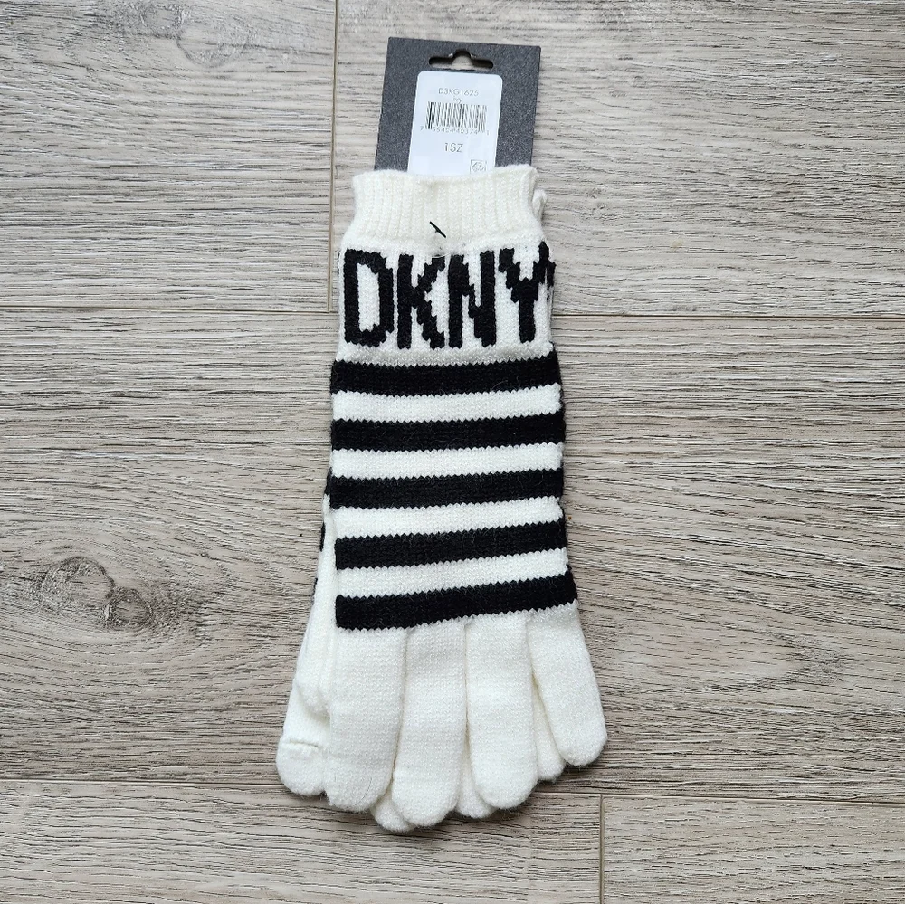 DKNY Striped Black and White Gloves Womens One Size Winter Cozy